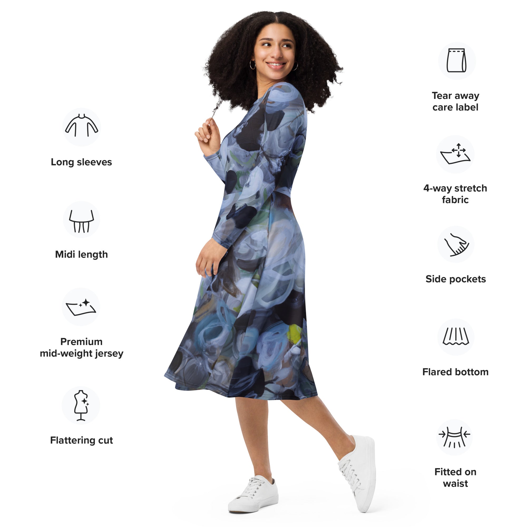Woman wearing a blue floral dress with product features listed on the right.