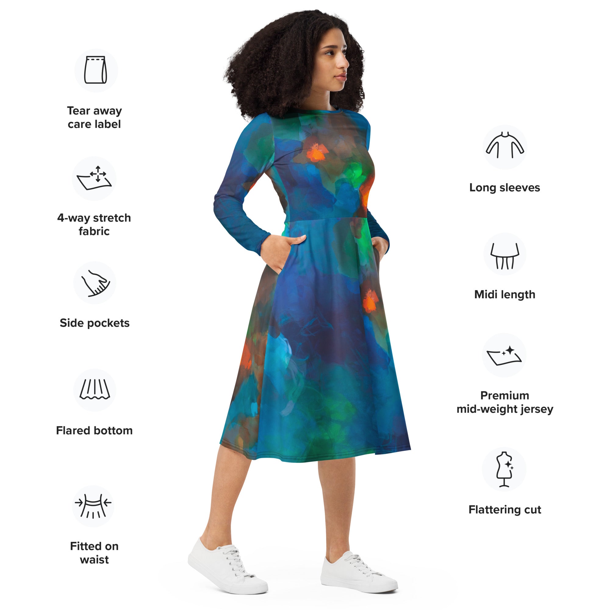 blue green turquoise and orange all over print long sleeve midi dress