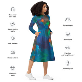 blue green turquoise and orange all over print long sleeve midi dress