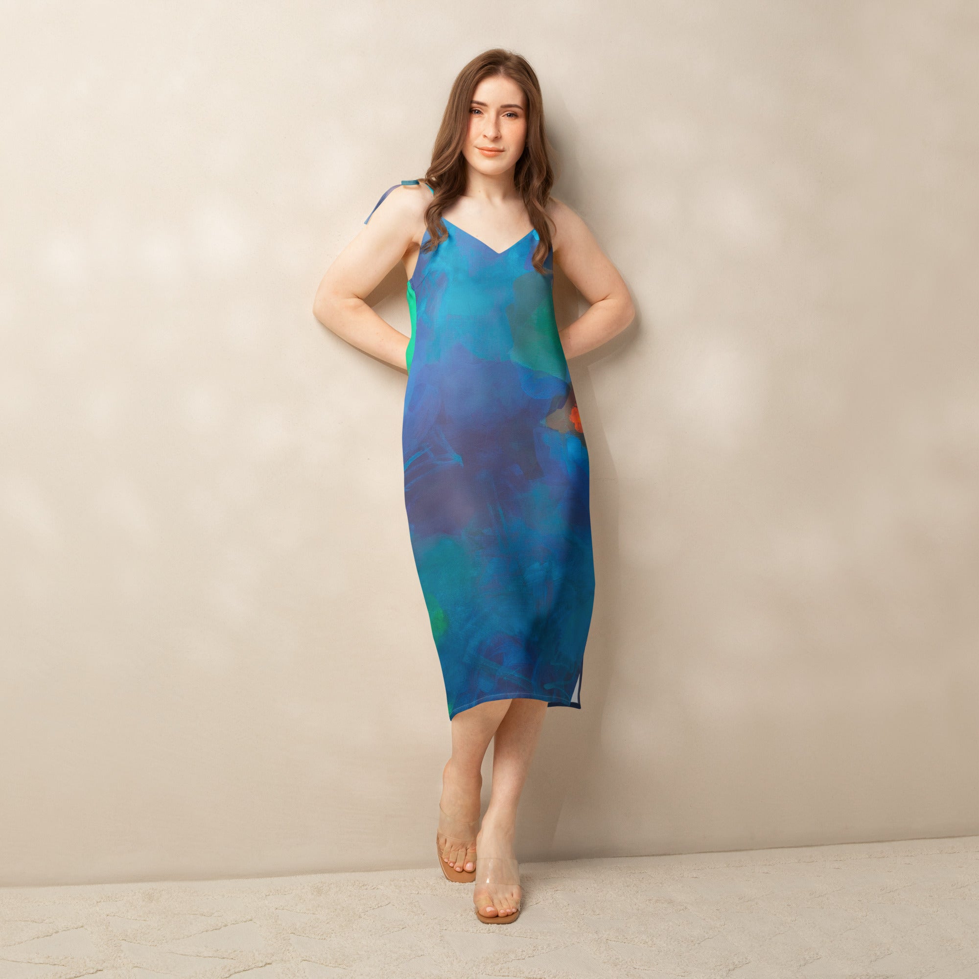 blue orange green and turquoise dress