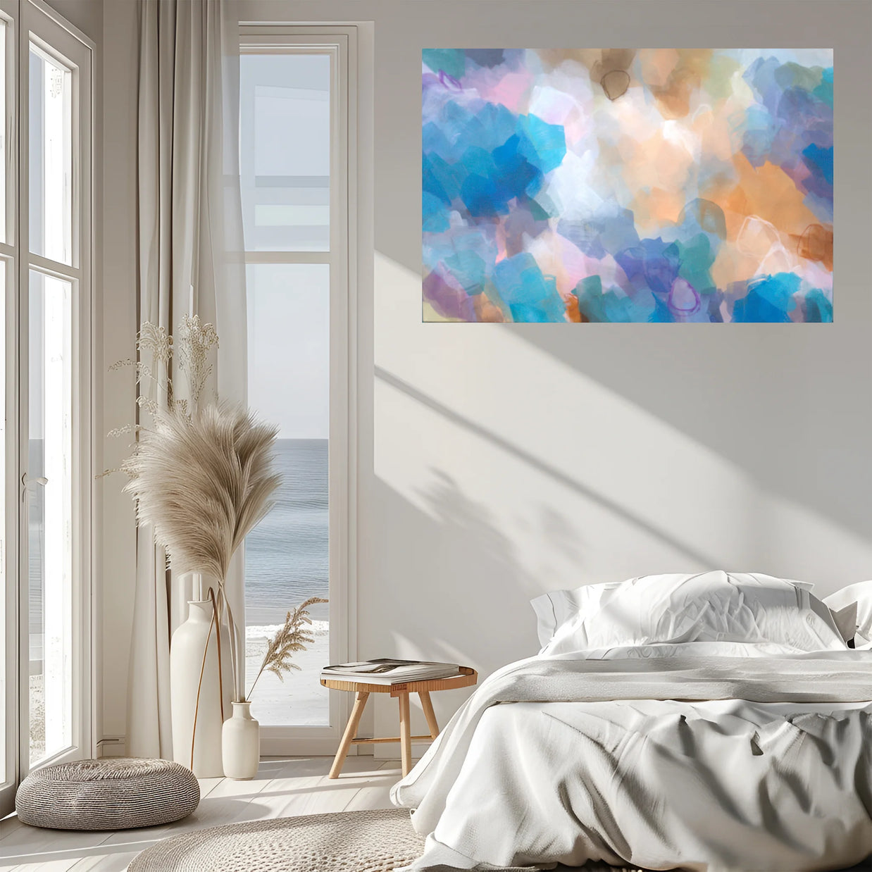 Modern bedroom with a colorful abstract painting on the wall