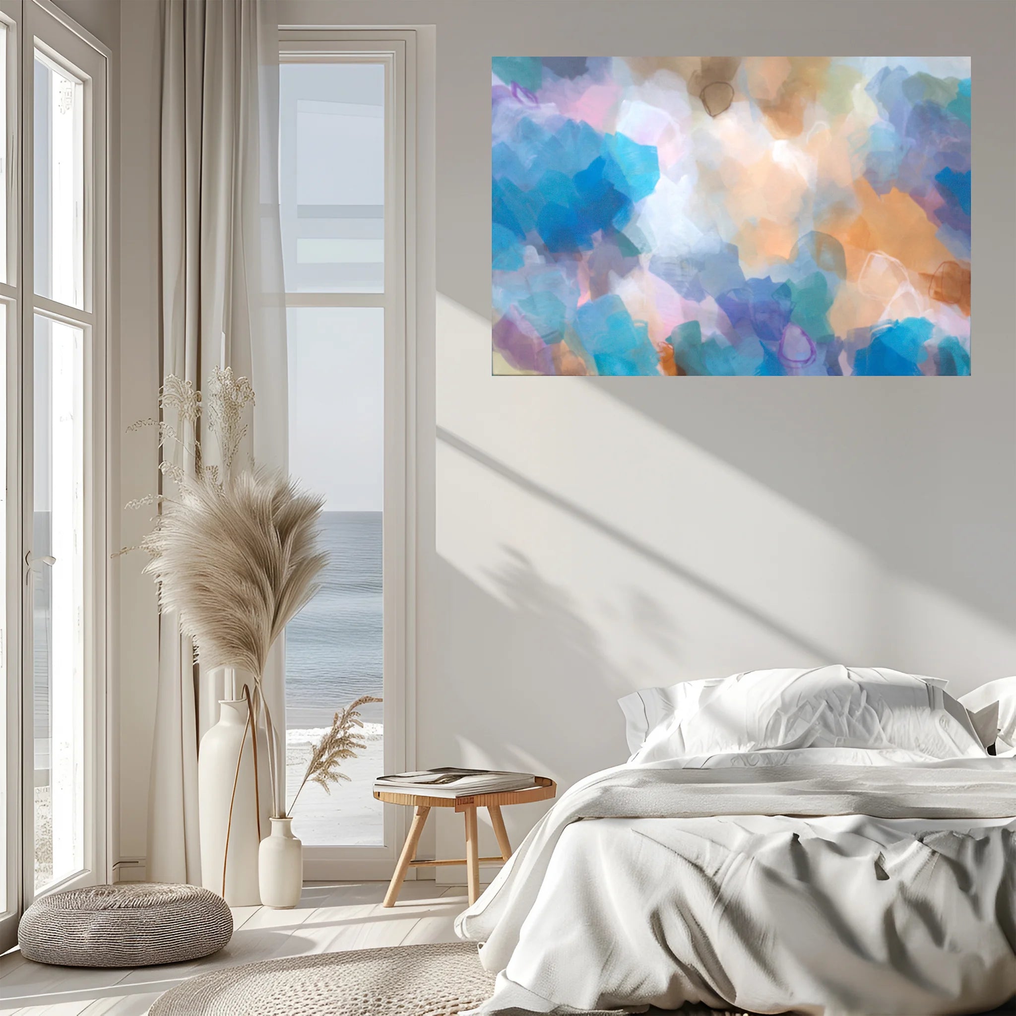 Modern bedroom with a colorful abstract painting on the wall