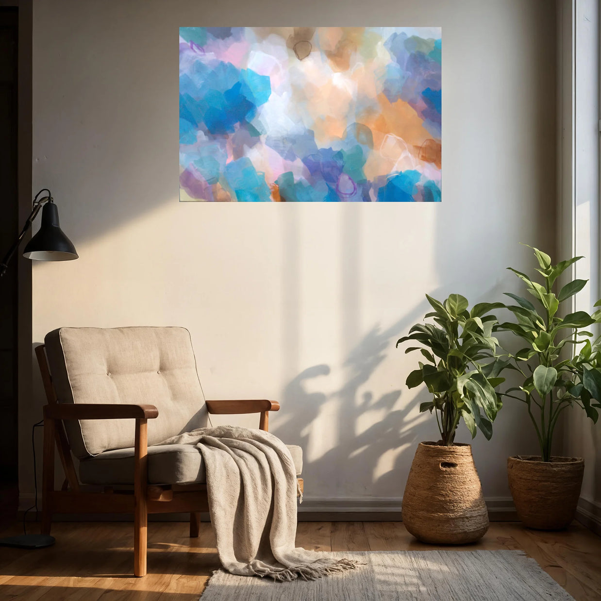 Living room with a colorful abstract painting on the wall, a chair with a blanket, and two potted plants.