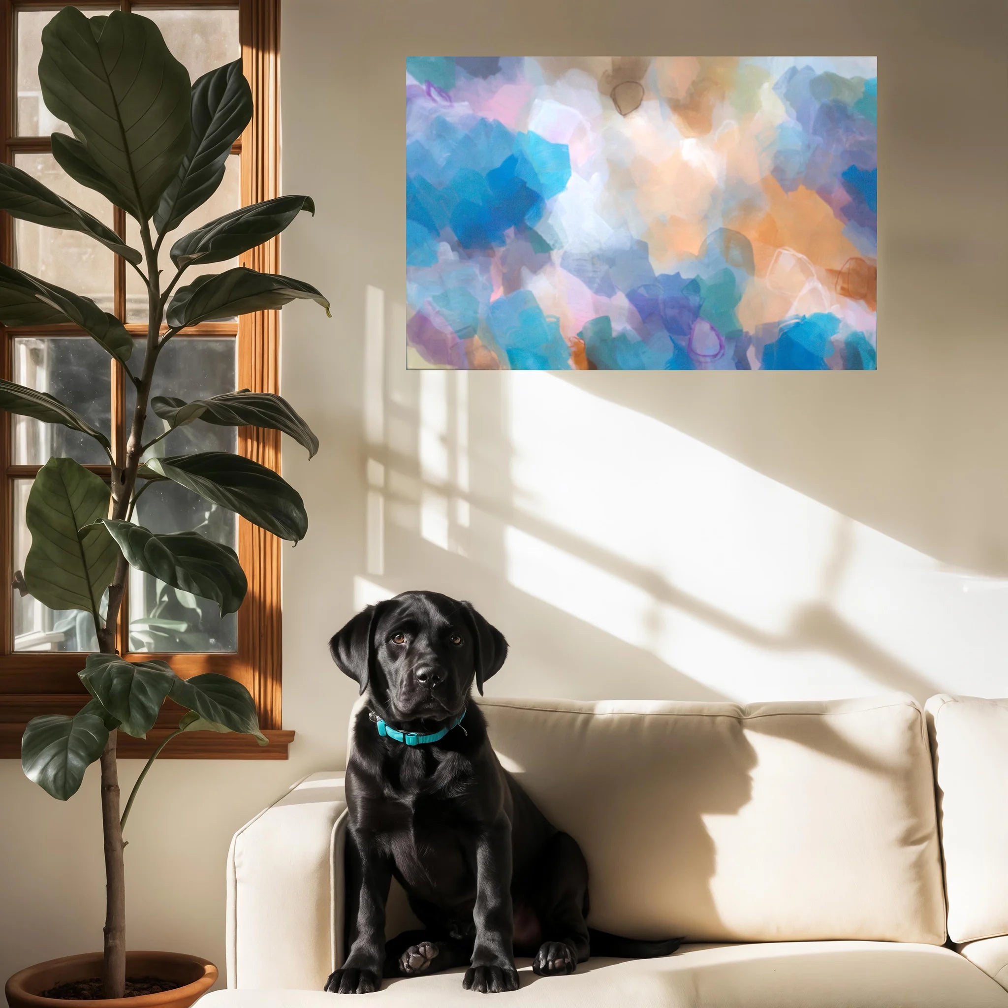Black dog sitting on a beige couch with a colorful abstract painting on the wall and a potted plant next to a window.