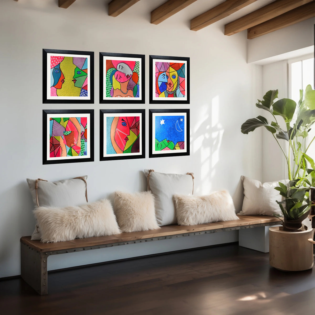 Six framed abstract pop-art prints in a 2x3 grid are displayed on a white wall above a wooden bench with cream pillows in a modern living room setting.