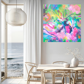 Modern interior with a colorful abstract painting on the wall, a dining table, and chairs by a large window with a view of the ocean.