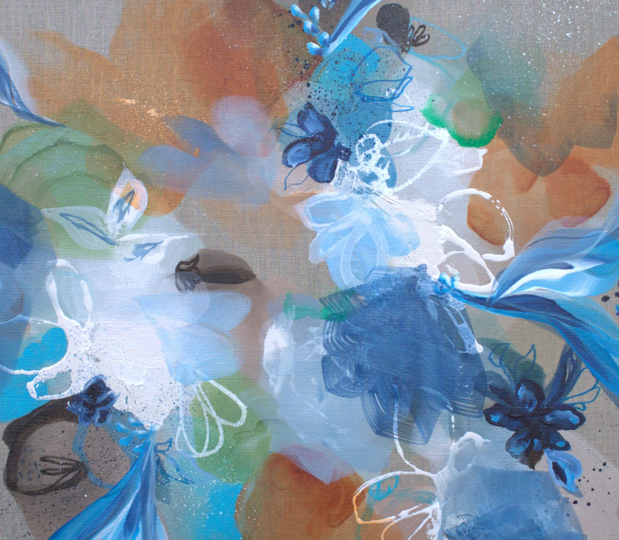 Abstract artwork with blue, green, and orange colors on a textured surface