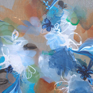 Abstract artwork with blue, green, and orange colors on a textured surface
