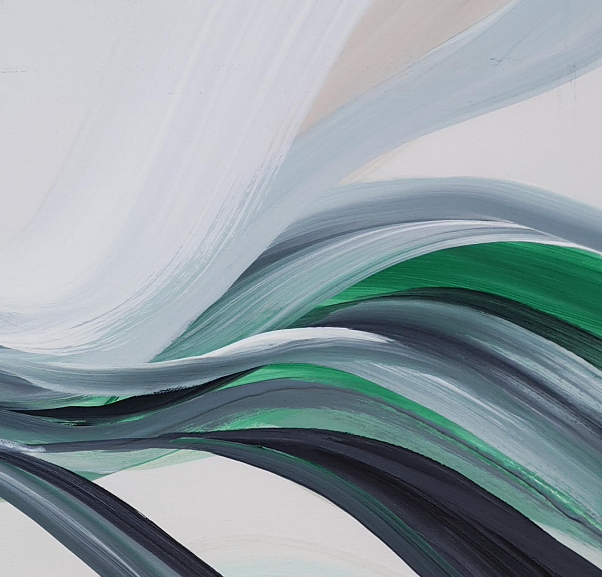 Abstract painting with flowing, layered brushstrokes in white, pale blue, gray, green, and dark charcoal tones.