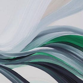 Abstract painting with flowing, layered brushstrokes in white, pale blue, gray, green, and dark charcoal tones.