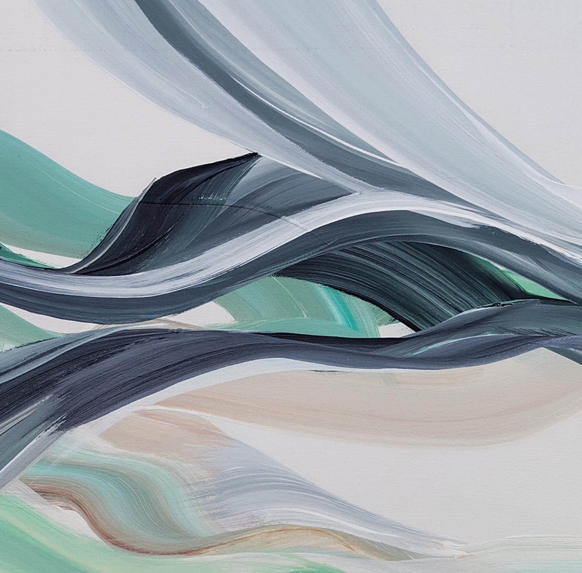Abstract landscape painting with flowing wave-like forms in dark charcoal gray, soft teal green, pale blue-gray, and warm beige on a light off-white background.