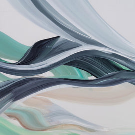 Abstract landscape painting with flowing wave-like forms in dark charcoal gray, soft teal green, pale blue-gray, and warm beige on a light off-white background.