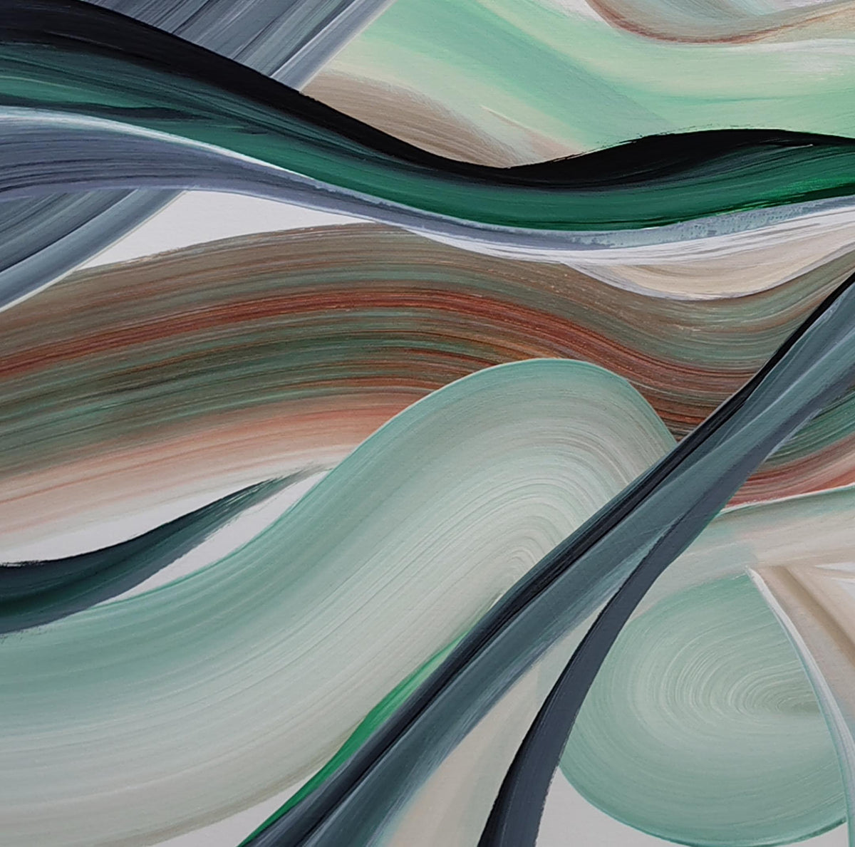 Abstract painting with flowing, layered brushstrokes in mint green, teal, cream, gray, and muted terracotta tones.