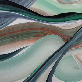 Abstract painting with flowing, layered brushstrokes in mint green, teal, cream, gray, and muted terracotta tones.