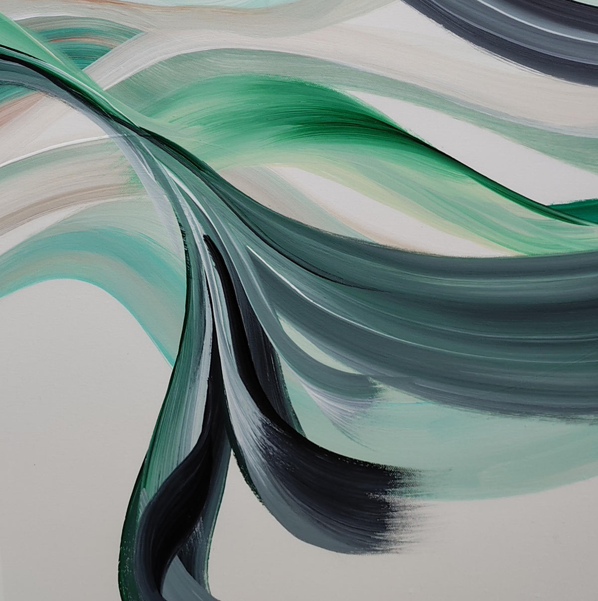 Abstract painting with flowing, wave-like brushstrokes in shades of green, teal, dark blue-gray, black, and soft beige on a light neutral background.