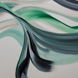 Abstract painting with flowing, wave-like brushstrokes in shades of green, teal, dark blue-gray, black, and soft beige on a light neutral background.