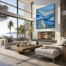 A large square abstract canvas painting with flowing blue, teal, and white wave-like patterns hangs above a modern fireplace in a bright, contemporary living room with a sofa, coffee table, and large windows overlooking a tropical beach.