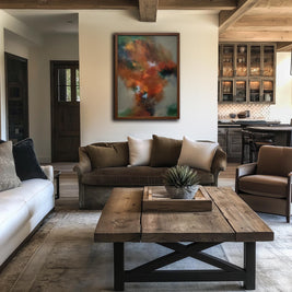 A rustic wooden coffee table in a modern farmhouse-style living room, positioned in front of a brown sofa and a large abstract painting on the wall.
