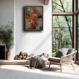 An abstract framed wall art print hangs on a white wall in a modern, sunlit living room with a woven chair, potted plant, and large windows showing trees outside.