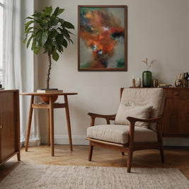 A framed abstract painting with swirling orange, red, black, and green tones hangs on a beige wall in a styled living room. The room includes a mid-century modern armchair with cream cushions, a wooden side table with a potted plant, and a wooden cabinet.