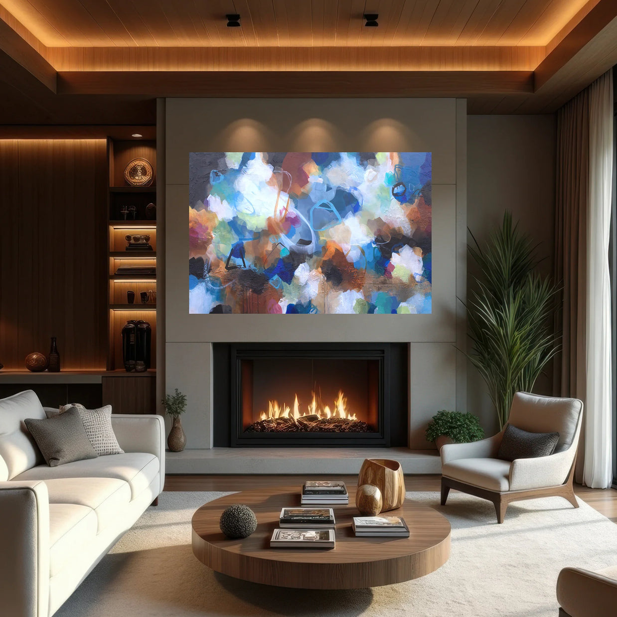 Modern living room with a fireplace, sofa, and coffee table.