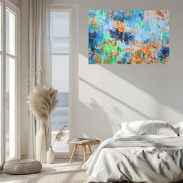 Modern bedroom with abstract painting on the wall, large windows, and decorative elements.