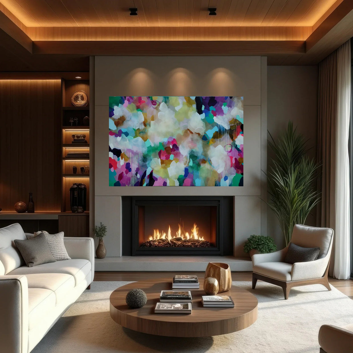A modern living room with a large colorful abstract canvas art print mounted above a fireplace. The room features a white sofa, a round wooden coffee table, a beige armchair, a potted palm, and warm wood ceiling accents.