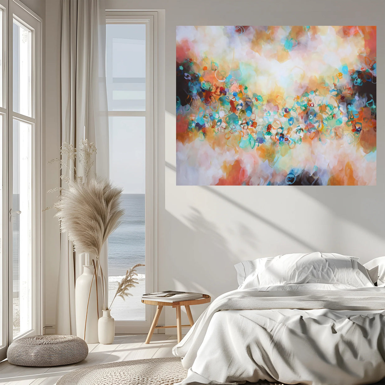 Modern bedroom with a colorful abstract painting on the wall, large windows, and minimal decor.