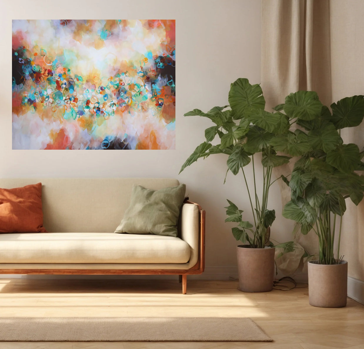 Living room with a beige sofa, colorful abstract painting, and potted plants.