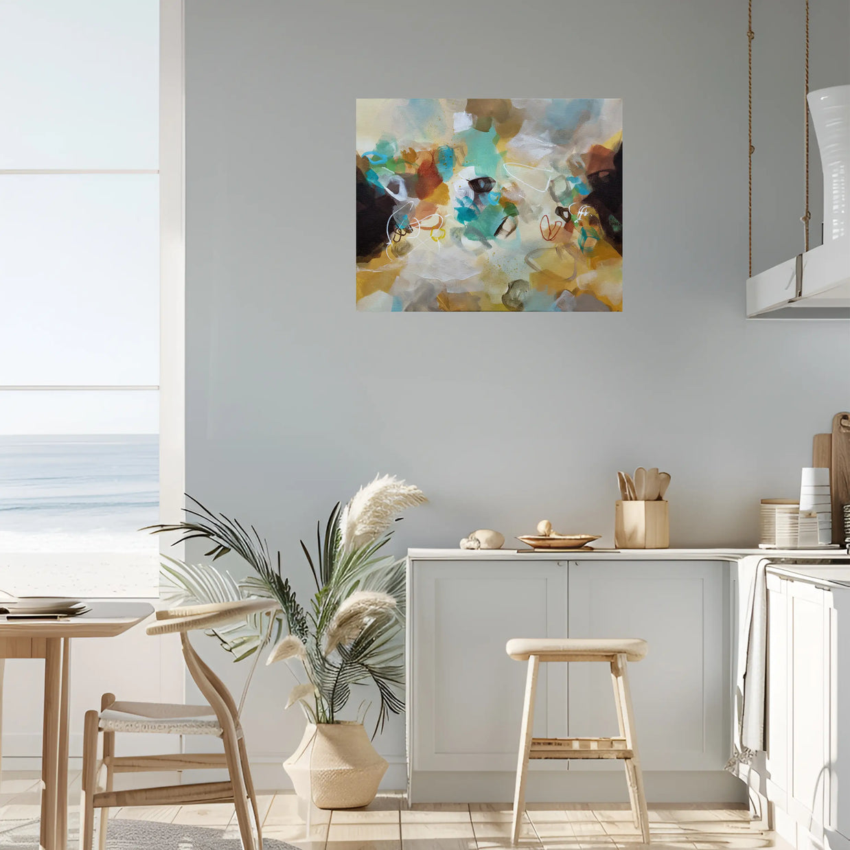 Modern interior with abstract painting on the wall, table, chairs, and decorative items.