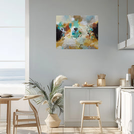 Modern interior with abstract painting on the wall, table, chairs, and decorative items.