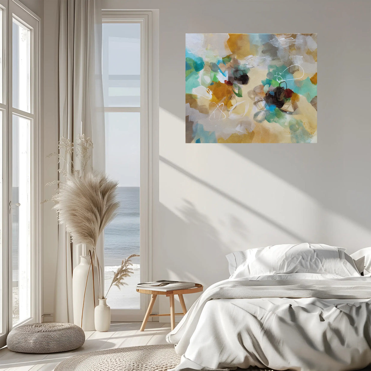 Modern bedroom with a large abstract painting on the wall, natural light, and minimal decor.