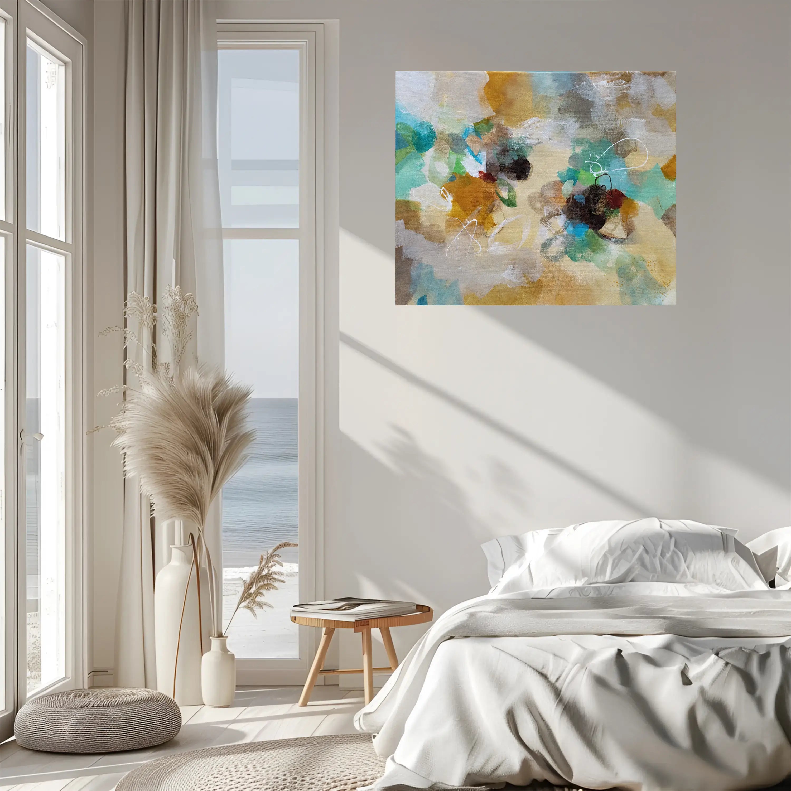 Modern bedroom with a large abstract painting on the wall, natural light, and minimal decor.