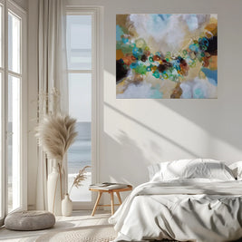 Modern bedroom with a large abstract painting on the wall, large windows, and a bed.