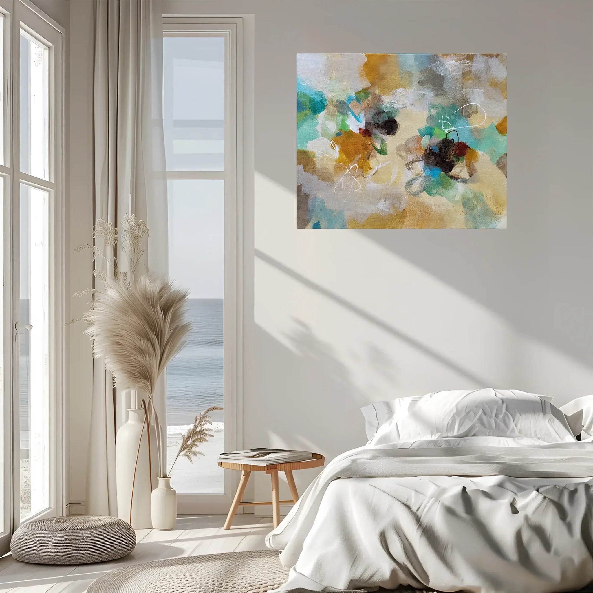 Modern bedroom with a large abstract painting on the wall, natural light, and minimal decor.