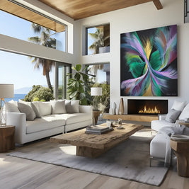 A large, vibrant abstract canvas print featuring swirling feathers in shades of green, purple, blue, yellow, and pink, displayed on a white wall in a modern, sunlit living room with a fireplace and white sofas.