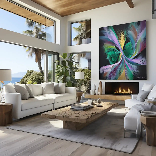 A large, vibrant abstract canvas print featuring swirling feathers in shades of green, purple, blue, yellow, and pink, displayed on a white wall in a modern, sunlit living room with a fireplace and white sofas.