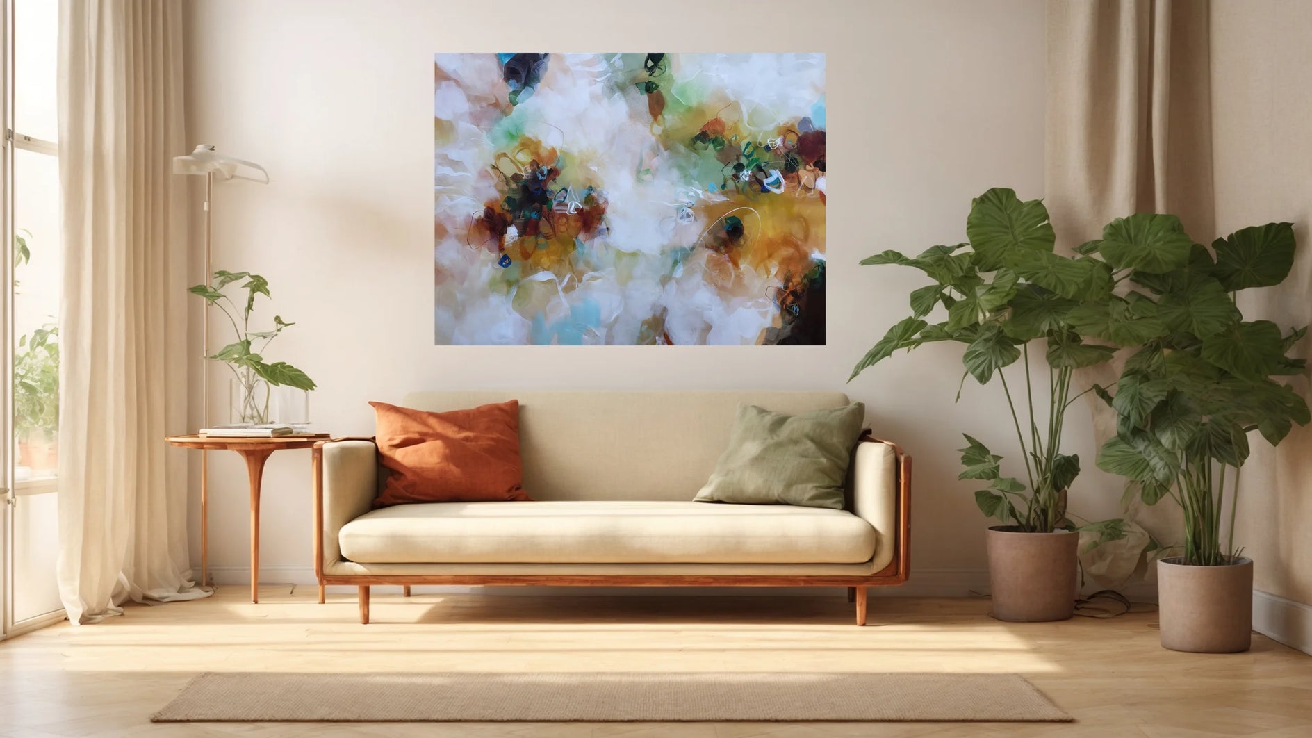 Modern living room with a beige sofa, decorative pillows, and a colorful abstract painting on the wall.
