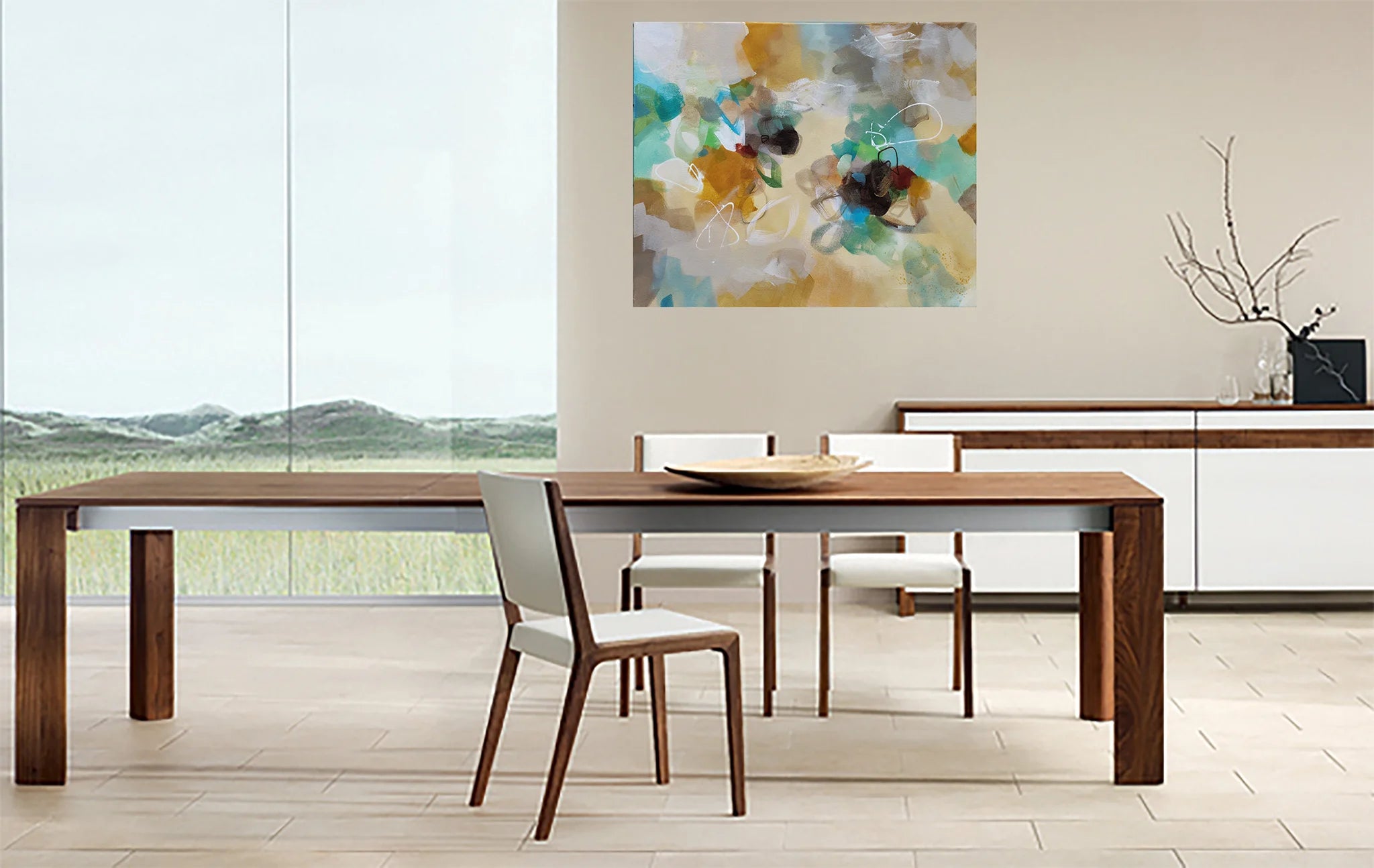 Dining room with wooden table and chairs, abstract painting on the wall.