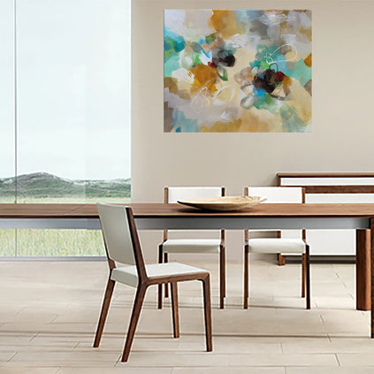 Dining room with wooden table and chairs, abstract painting on the wall.