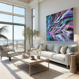 A large abstract canvas wall art print with swirling purple, blue, teal, and black brushstrokes hangs above a light beige sofa in a bright, modern living room with an ocean view.