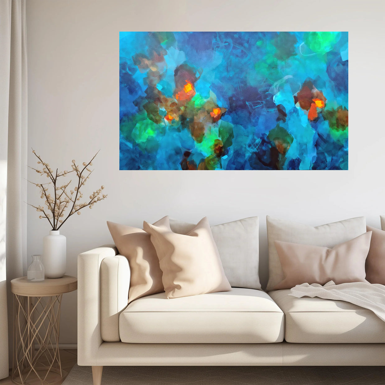Abstract artwork with vibrant colors on a textured background above sofa