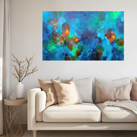 Abstract artwork with vibrant colors on a textured background above sofa