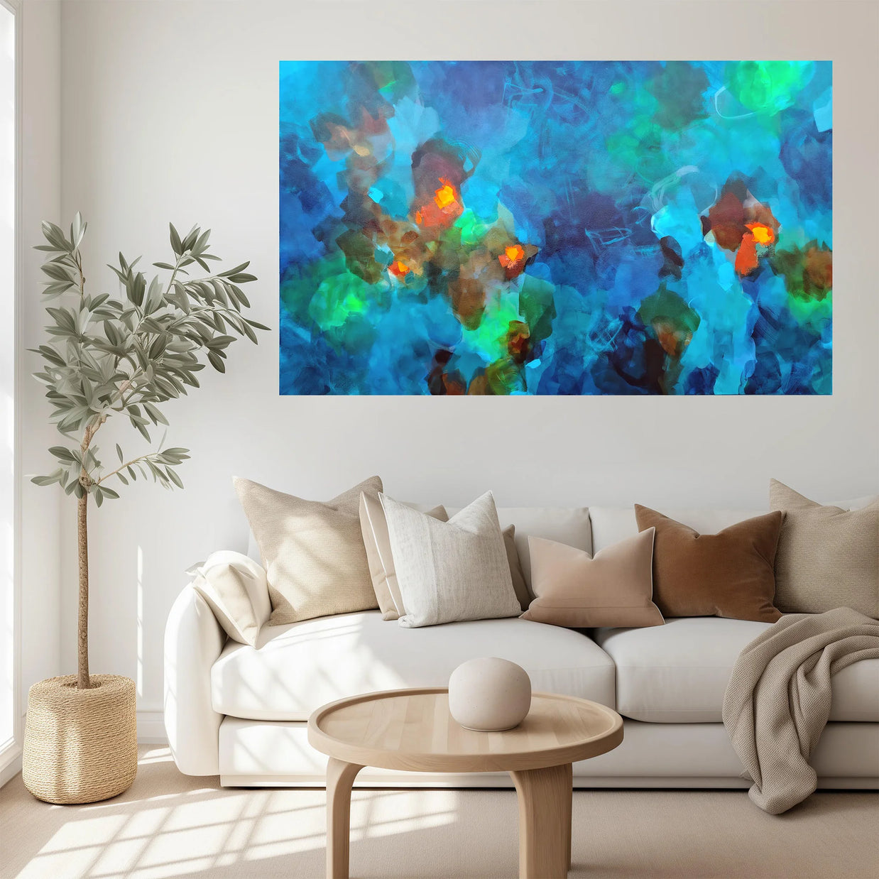 Abstract artwork with vibrant colors on a textured background above sofa