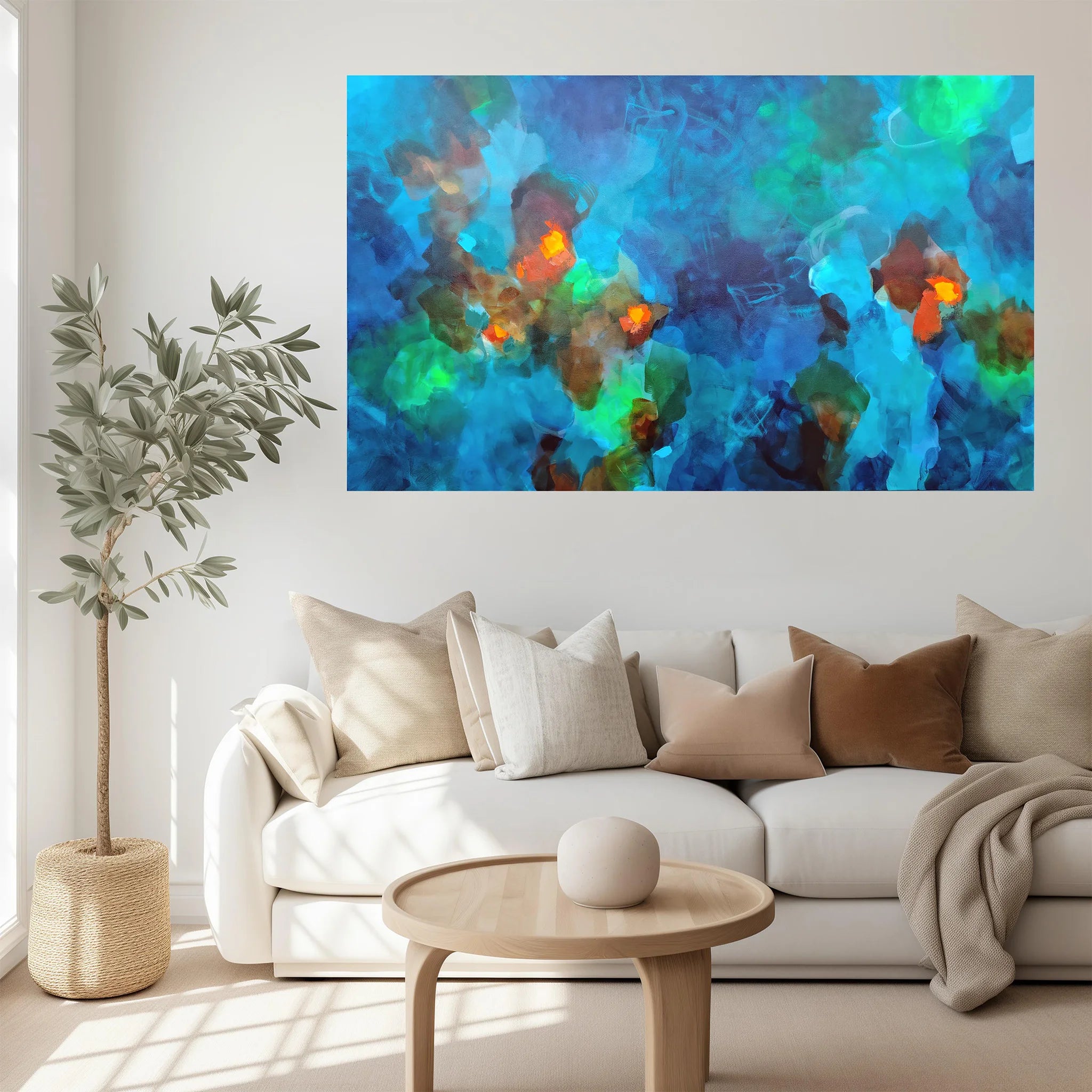 Abstract artwork with vibrant colors on a textured background above sofa