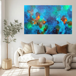 Abstract artwork with vibrant colors on a textured background above sofa