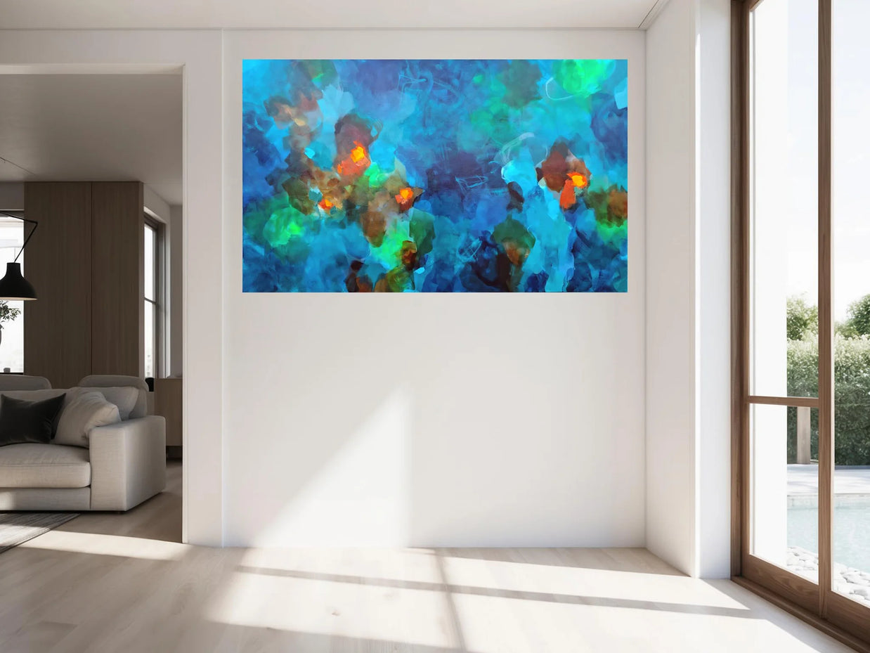 Colorful abstract painting on a white wall in a modern living room.