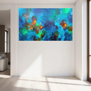 Colorful abstract painting on a white wall in a modern living room.
