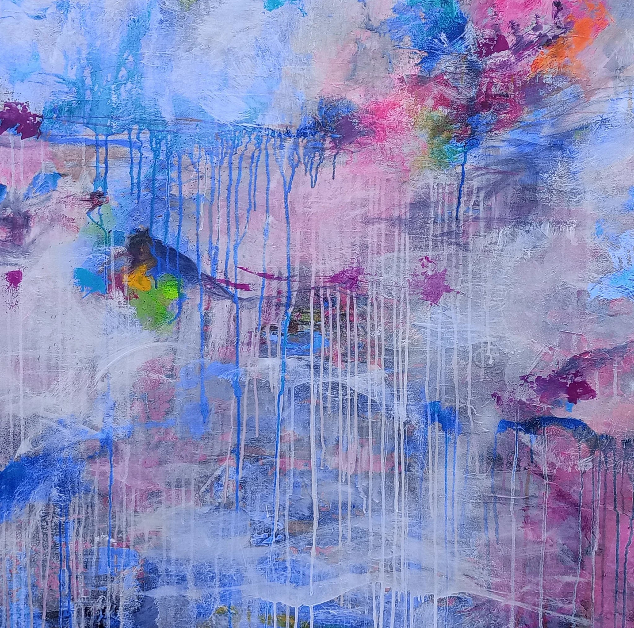 Abstract art with colorful splashes and drips on a textured surface