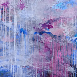 Abstract art with pink, blue, and white colors on a textured surface